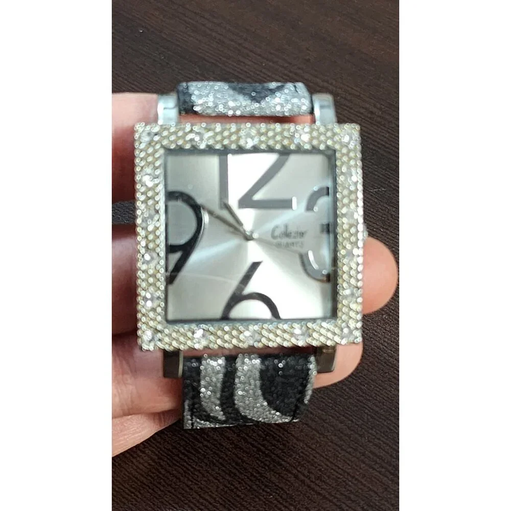COLLEZIO Quartz Square Rhinestone Watch Zebra Strap Statement Fashion Watch